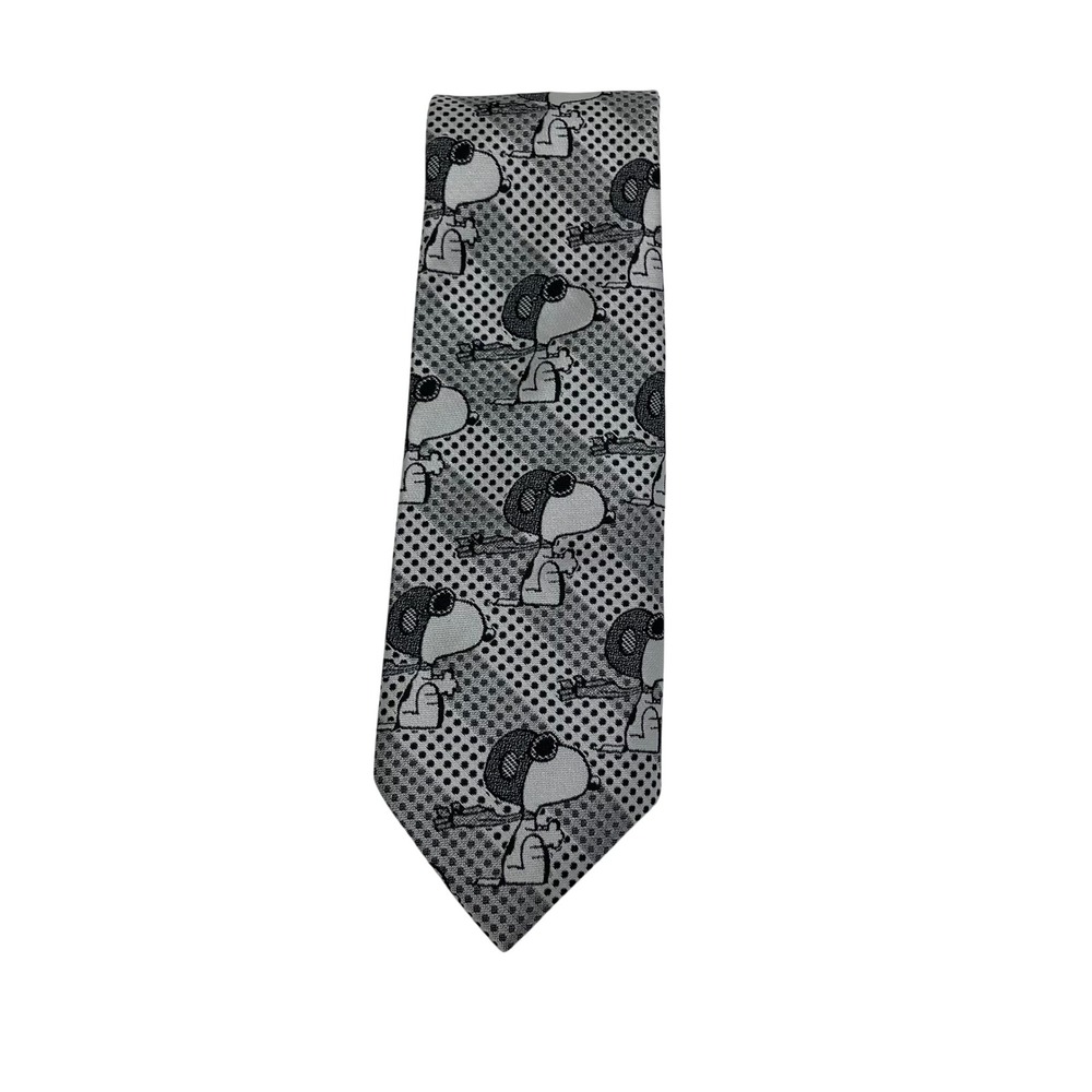 Vtg Cervantes Snoopy Flying Ace Pilot Silk Tie Black White Peanuts Red Baron USA